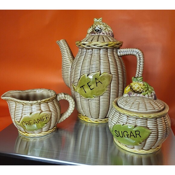 Vintage Tilso Japan Tea Pot, Creamer & Covered Sugar Set Basket Weave - Picture 1 of 7